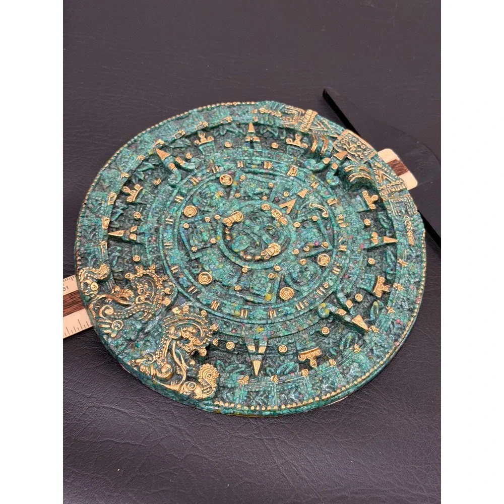 Aztec Sun Stone Wall Plaque Large Green Gold  Calendar Wall
